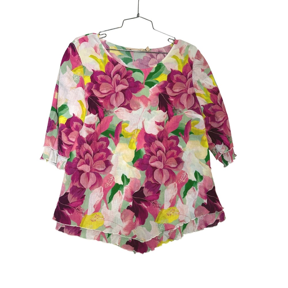 Soft Surroundings Blouse Womens‎ PM Pink Tropical Floral Cotton Top